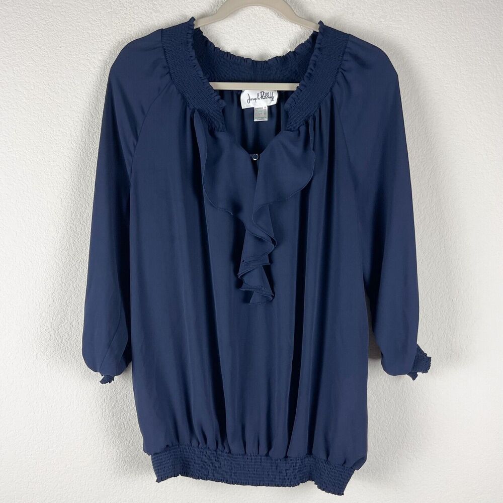 Joseph Ribkoff Top Womens 14 Blue Ruffle Blouse Smocked 3/4 Sleeve Classic